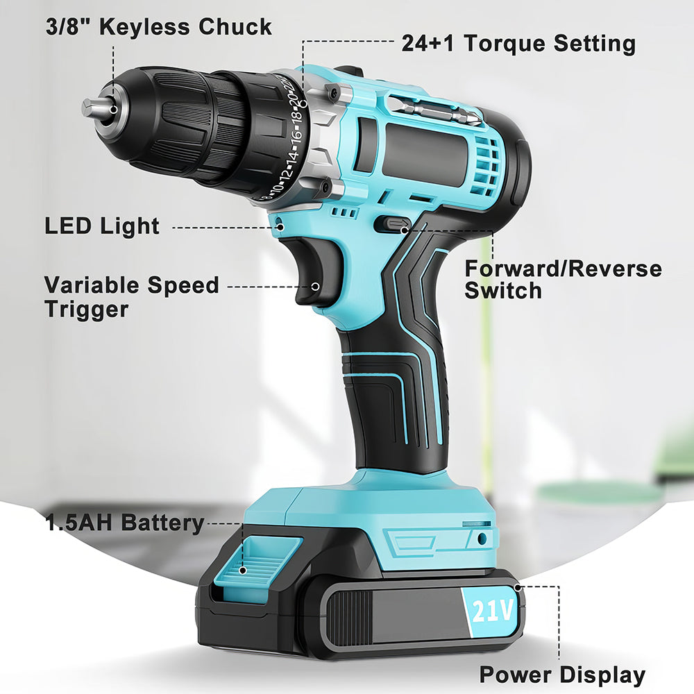 Cordless Handheld Power Drill Set 21V with Battery Fast Charger and 65 Accessories