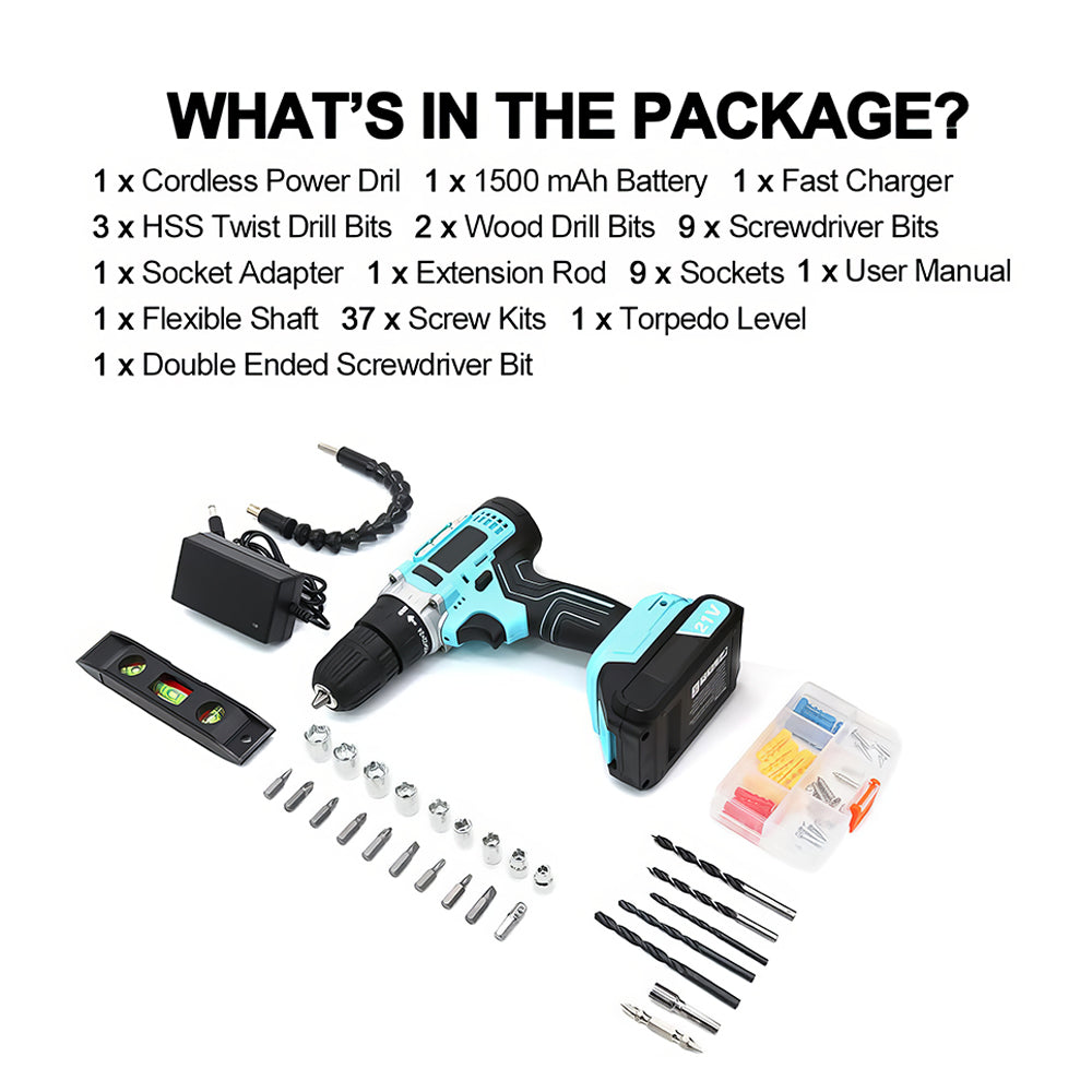 Cordless Handheld Power Drill Set 21V with Battery Fast Charger and 65 Accessories
