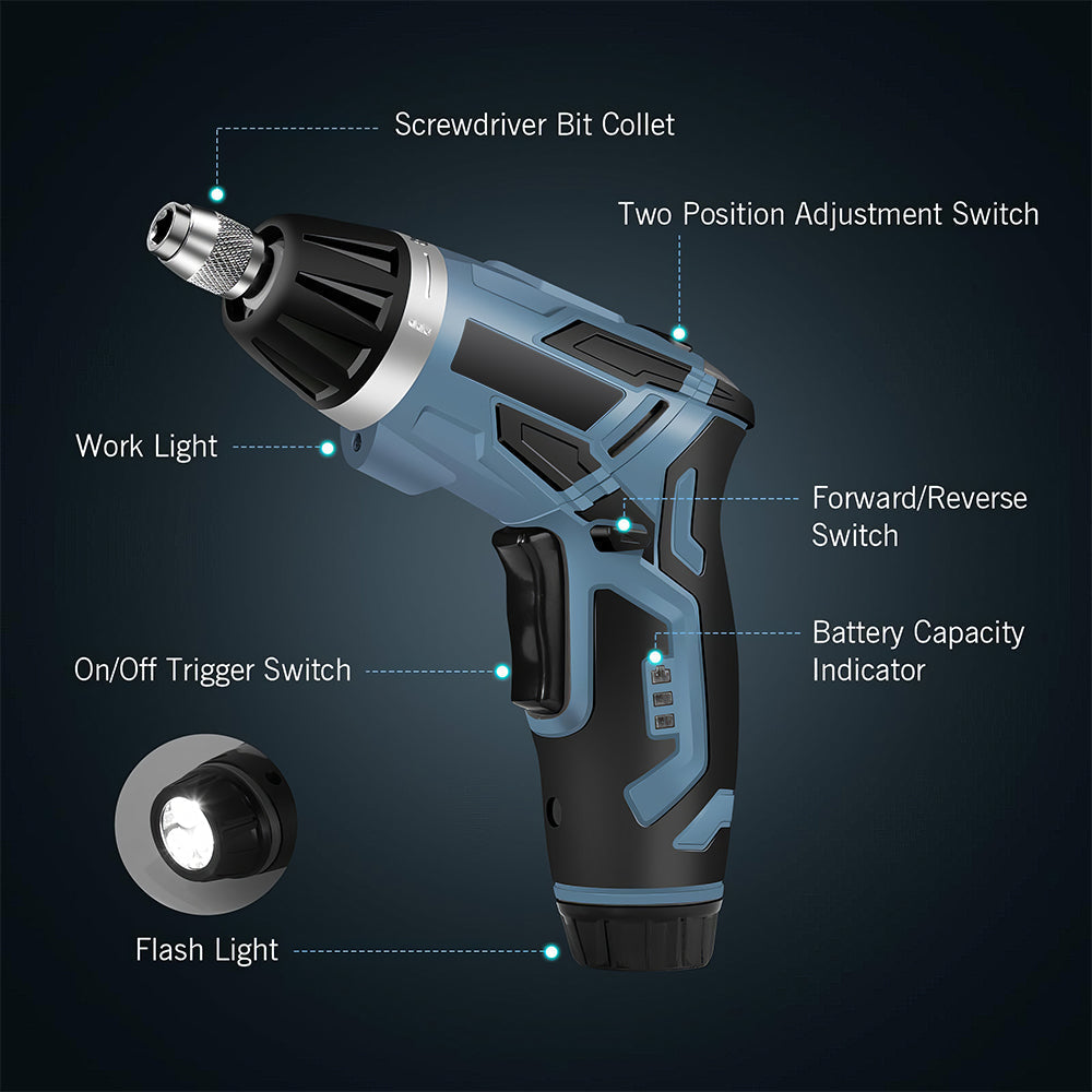 Cordless Electric Screwdriver 4V Rechargeable with LED and 11 Bits