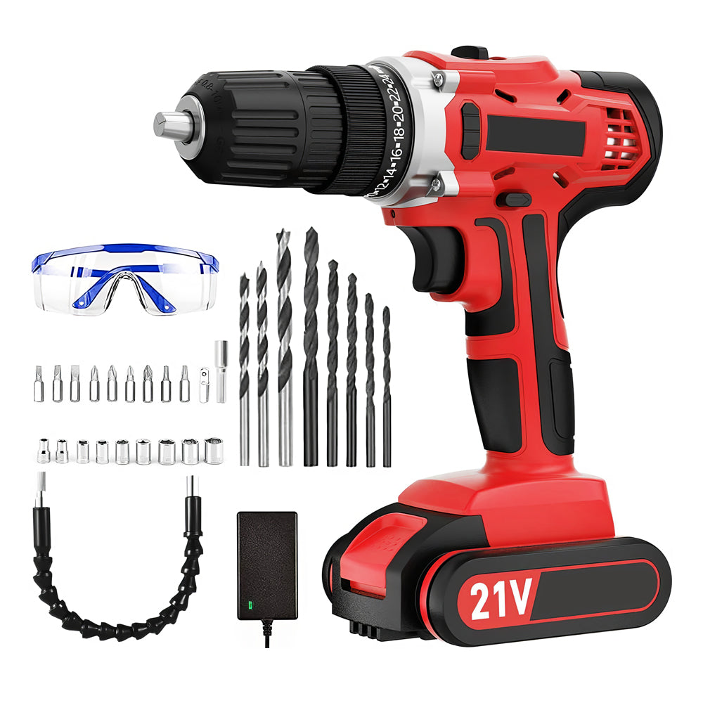 Cordless Handheld Power Drill Set 21V with Battery Charger and LED Light