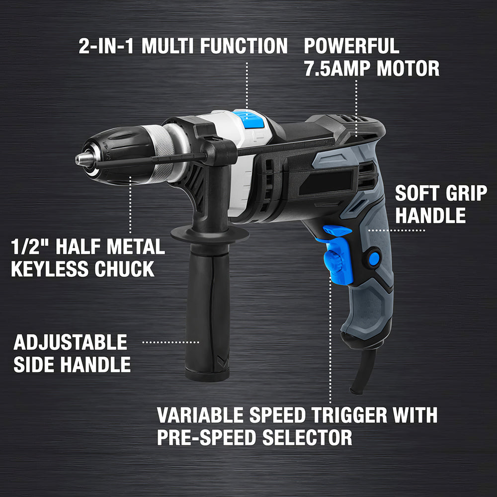 Corded Handheld Hammer Drill 7.5 Amp 1/2-Inch with 6 Bits, Depth Gauge & Auxiliary Handle