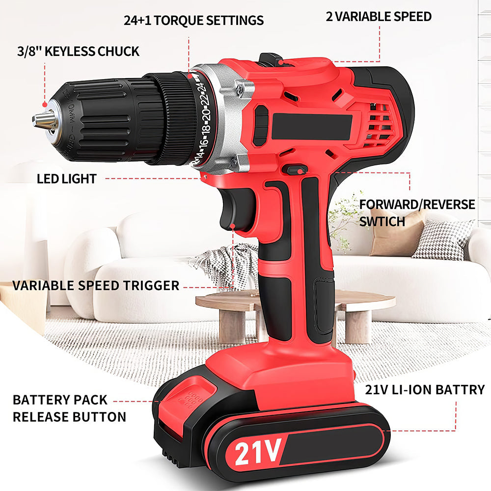 Cordless Handheld Power Drill Set 21V with Battery Charger and LED Light