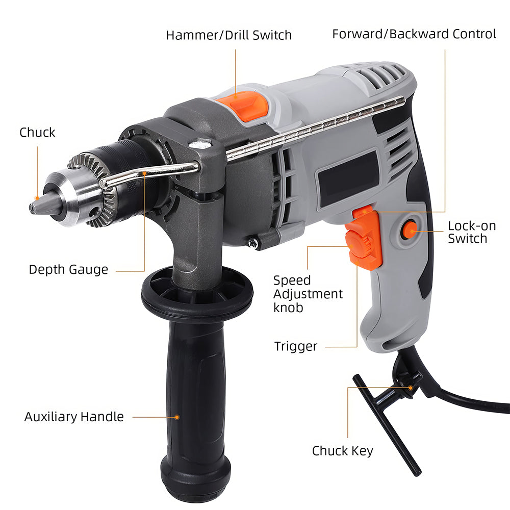 Handheld Corded Hammer Drill with 15 Bits and Toolbox
