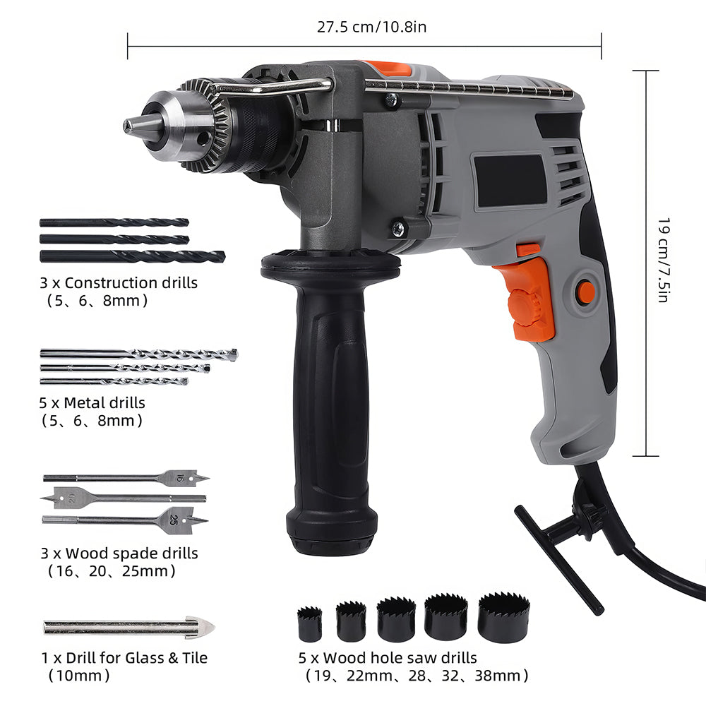 Handheld Corded Hammer Drill with 15 Bits and Toolbox
