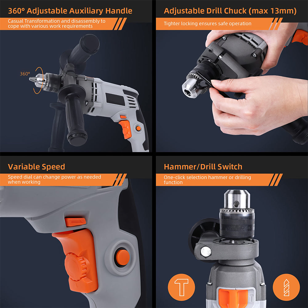 Handheld Corded Hammer Drill with 15 Bits and Toolbox