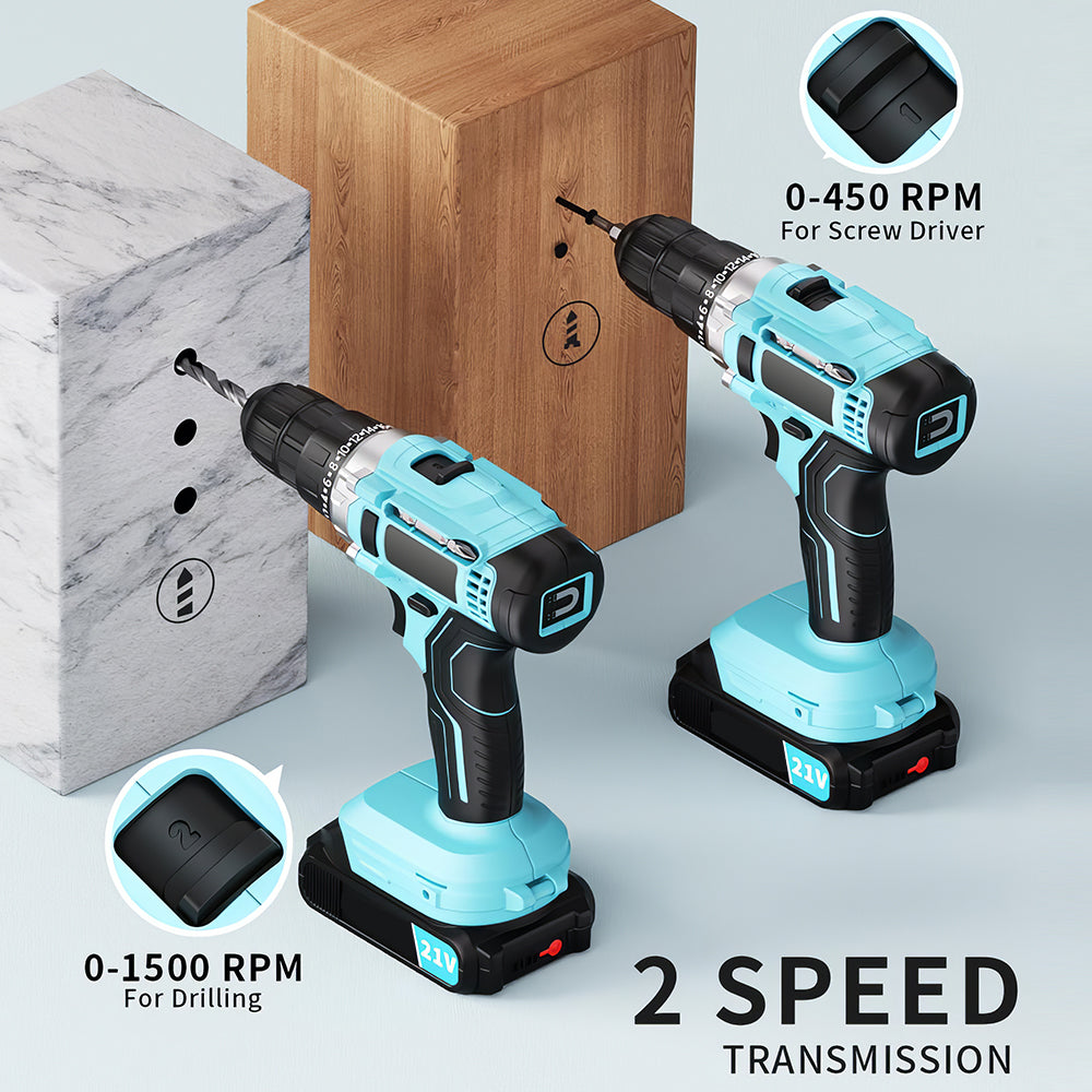 Cordless Handheld Power Drill Set 21V with Battery Fast Charger and 65 Accessories