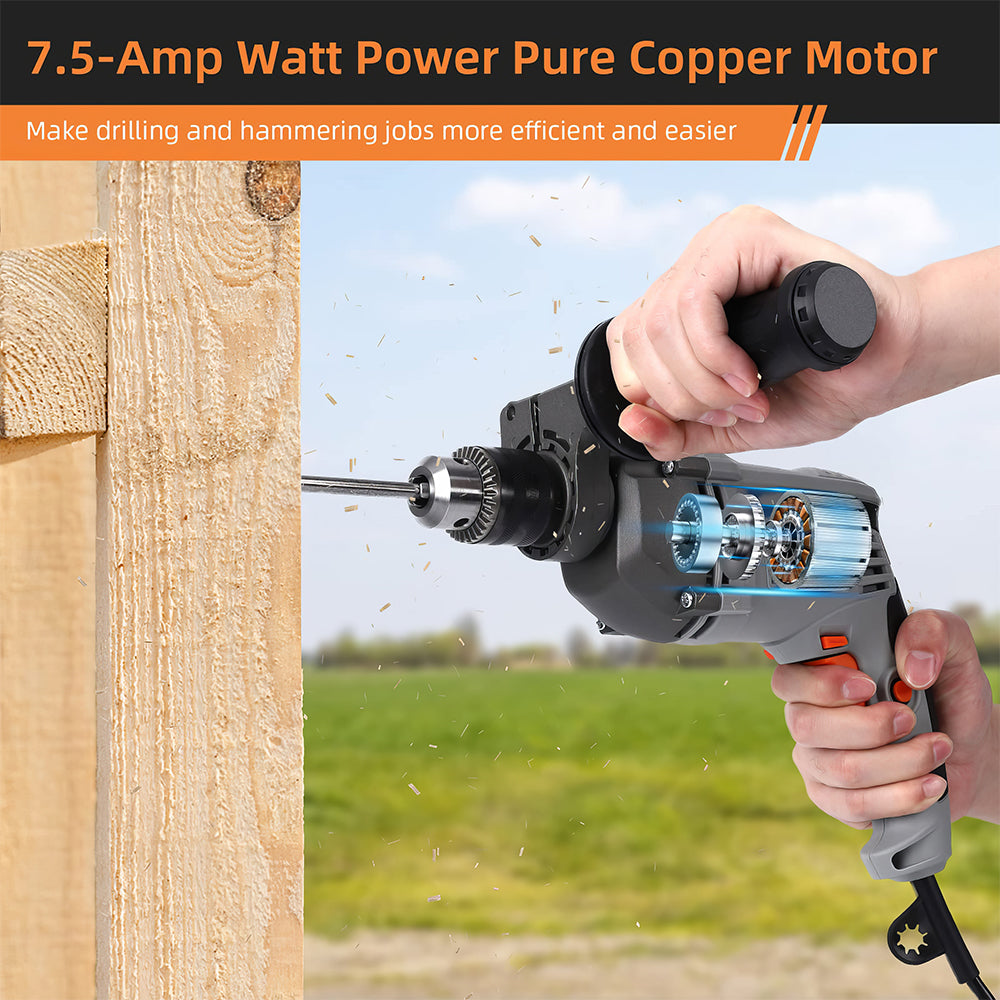 Handheld Corded Hammer Drill with 15 Bits and Toolbox