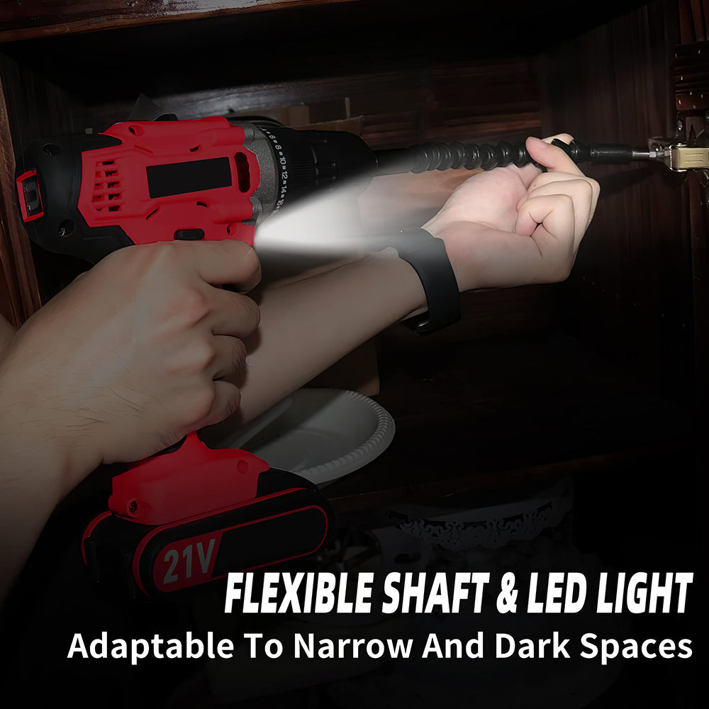 Cordless Handheld Power Drill Set 21V with Battery Charger and LED Light