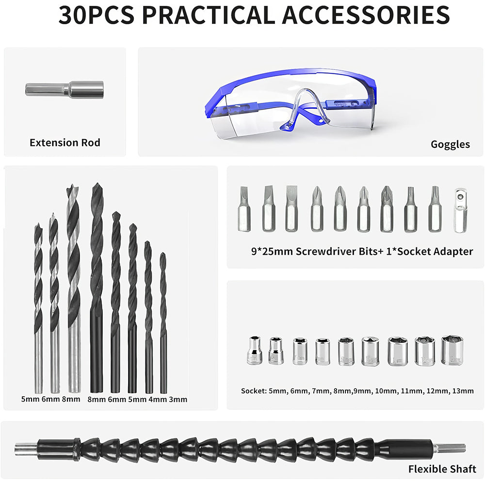 Cordless Handheld Power Drill Set 21V with Battery Charger and LED Light