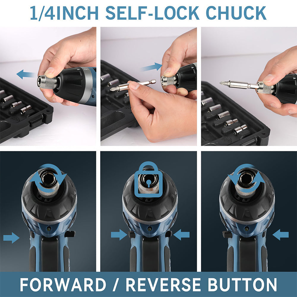 Cordless Electric Screwdriver 4V Rechargeable with LED and 11 Bits